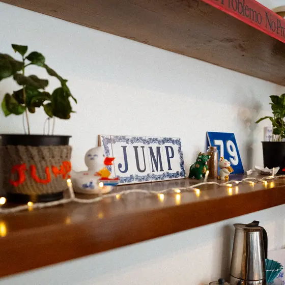 A shelf of plants and bits above the counter